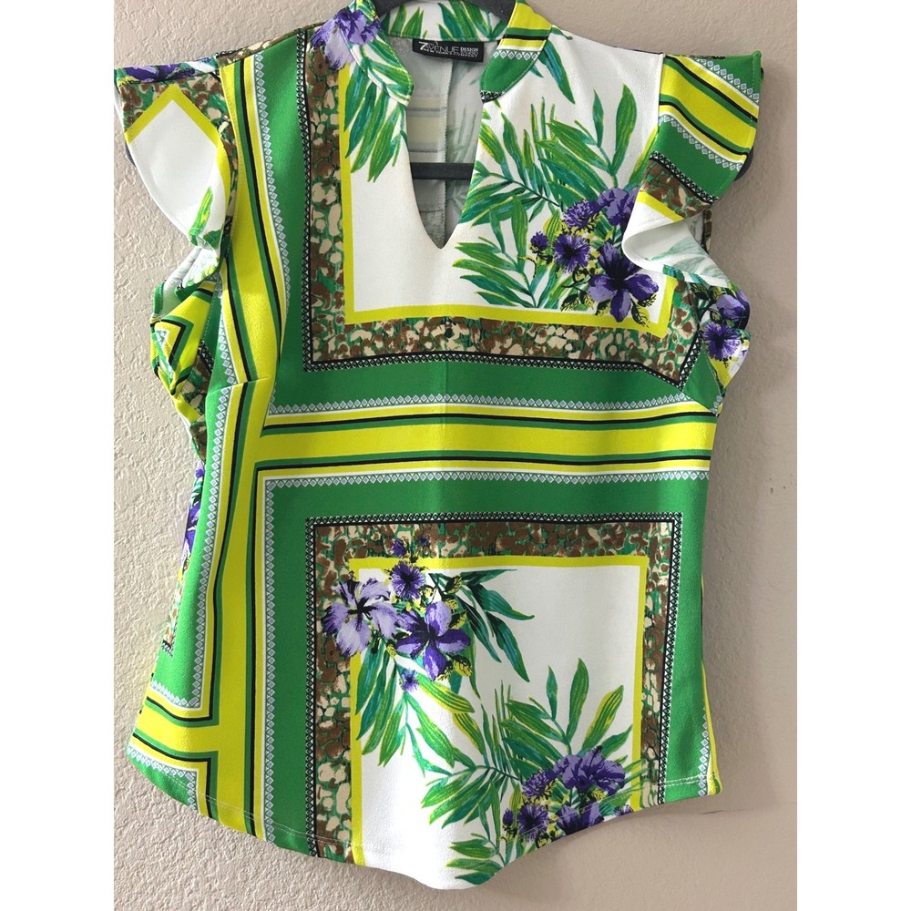 7th Avenue New York & Company Tropical Scarf Print Ruffle Sleeve Blouse XS